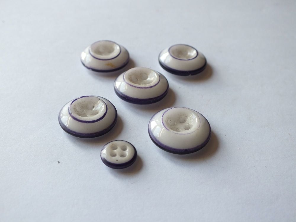 Antique Ceramic Womens Costume Buttons-Mixed Size x6-Bevel Rimmed-Purple and White