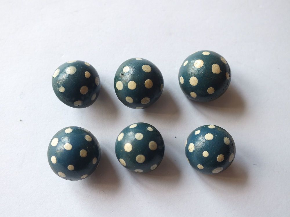 Wooden Buttons-Toadstool Design-Blue and White Polka Dots x6-Handmade-Handpainted-Circa 1920s/30s