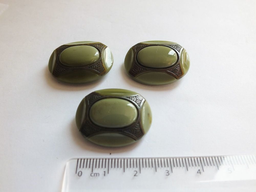 Art Deco Green Oval Shape Glass and Metal Button - Circa 1920s - (3  Buttons Available)