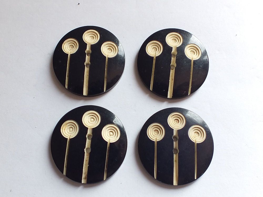 Art Deco Celluloid Womens Coat Buttons x4-Two Tone Black and White-30mm Dia