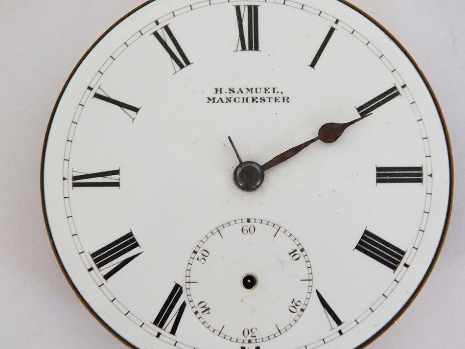 Vintage H Samuel Manchester Pocket Watch Movement and Enamel Dial