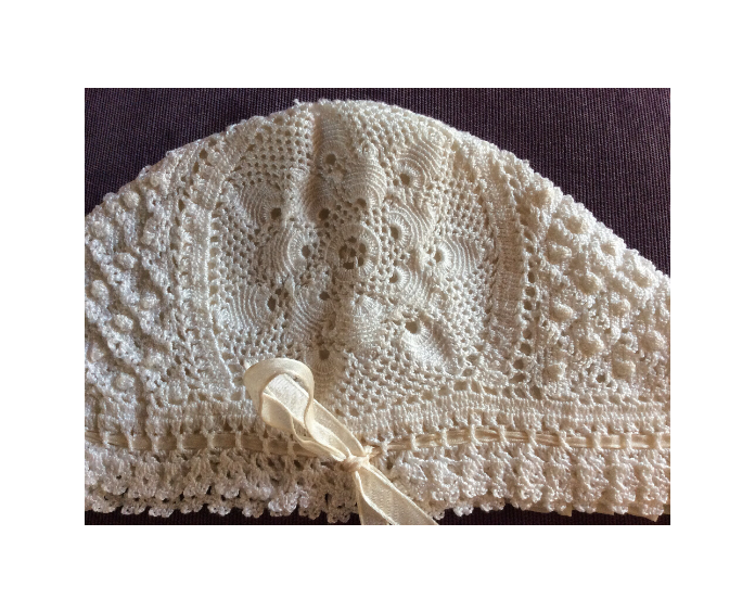 Antique Baby Bonnet-Early 1900s Handmade Crochet-Silk-Lined-Original Ribbon-Suit Doll