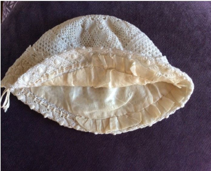 Antique Baby Bonnet or Cap- Crochet-Silk Lined-Pineapple Design-Victorian Edwardian Era