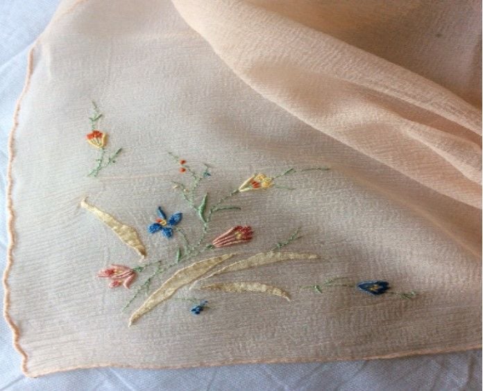 Chiffon Handkerchief For Powder Puff-Hand Embroidery Applique-1930s Vintage