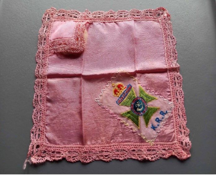 Hand Embroidered Silk Handkerchief With Powder Puff-Kings Royal Rifle Corps-K.R.R-Pink