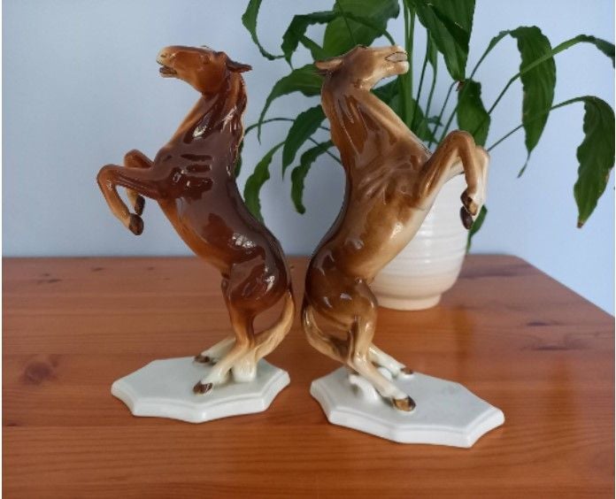 Vintage Pair of Porcelain Rearing Horse Figures-Royal Dux-Signed Wanke-1930s,1940s