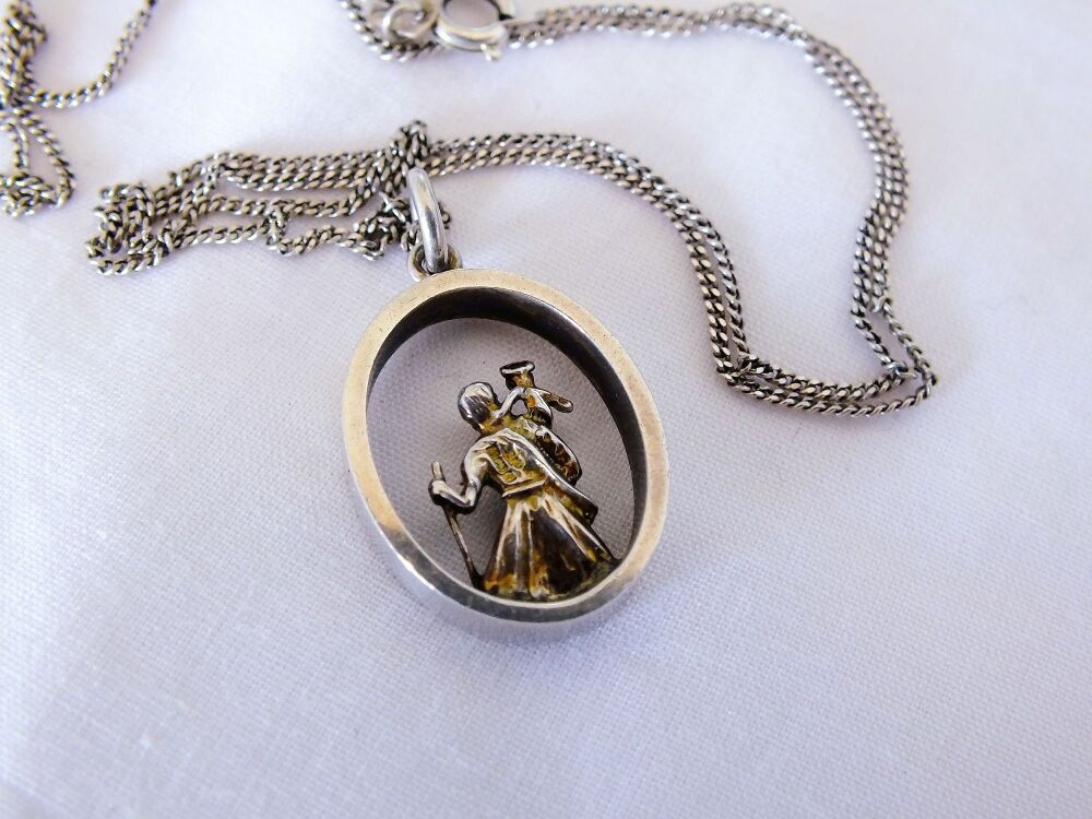 St Christopher Necklace Pendant With 925 Silver Chain-Oval Shape-Unusual De