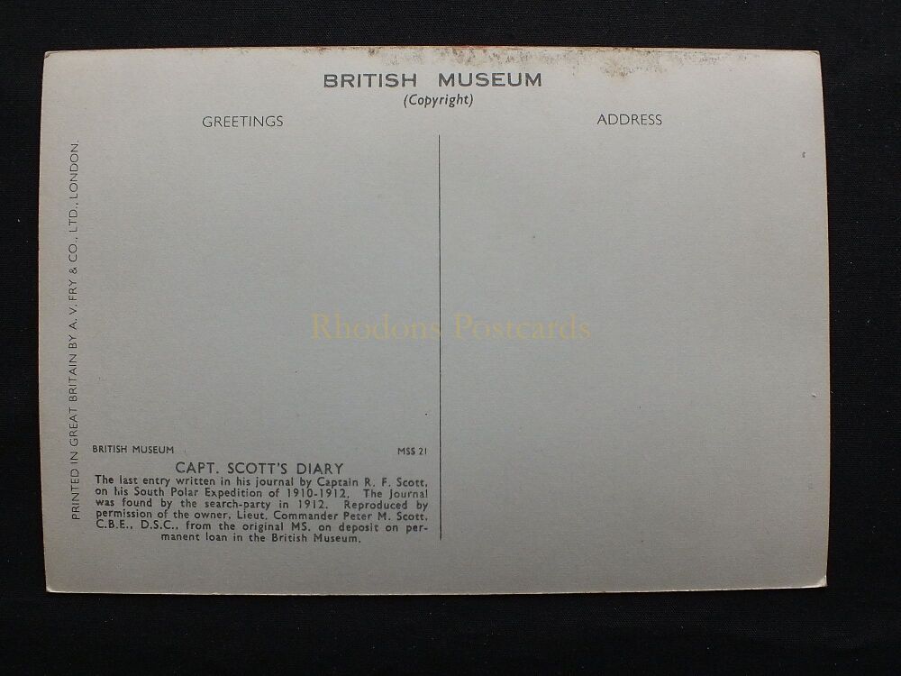 Captain Scotts Diary-Last Entry-British Museum Postcard