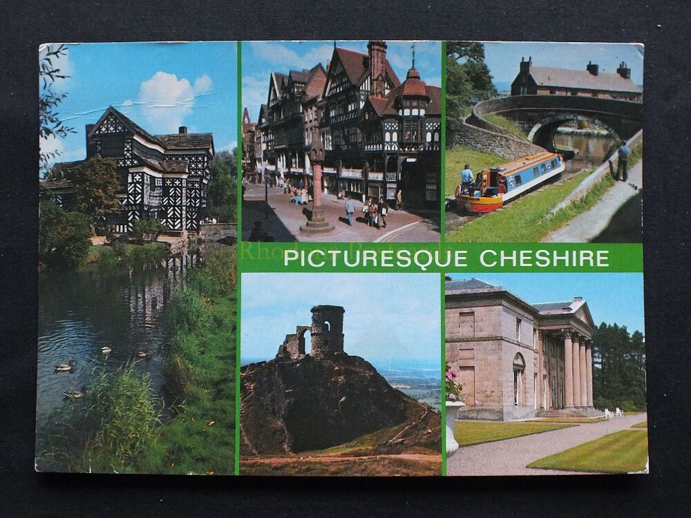 Picturesque Cheshire-1980s Multiview Postcard-Views Of Little Moreton Hall-Chester-Mow Cop-Marple Junction-Tatton Park