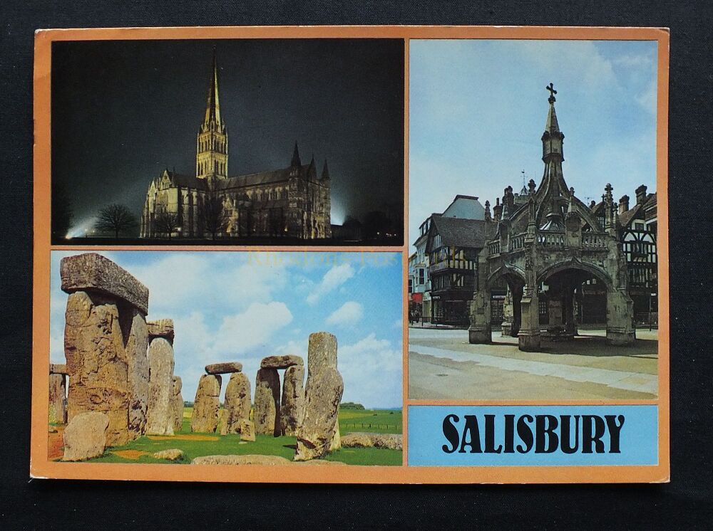 Salisbury Multiview Postcard-Circa 1980s Views Of Salisbury Cathedral Floodlit-Stonehenge Salisbury Plain-Poultry Cross
