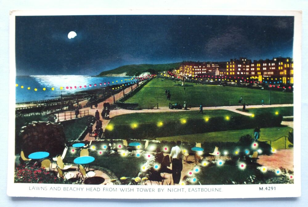 Eastbourne Postcard-Lawns And Beachy Head By Night From Wish Tower