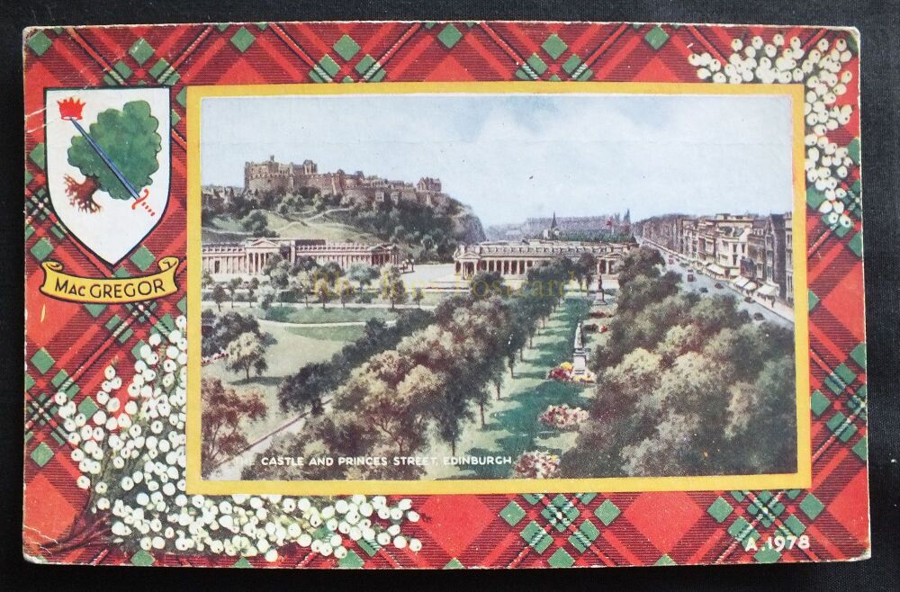 Edinburgh Castle and Princes Street-MacGregor Clan Tartan Postcard-Valentines