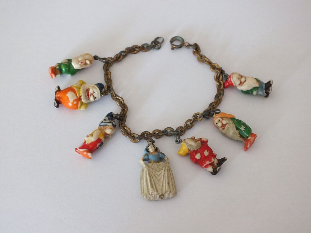 Rare 1930s Vintage Snow White and the 7 Dwarfs Celluloid Charm Bracelet