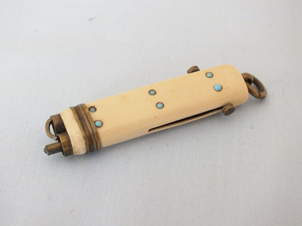 Antique Chatelaine or Fob Pencil and Button Hook-Retractable-Celluloid and Faux Turquoise Beads