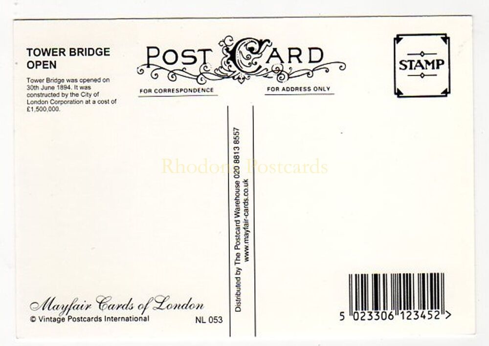 Tower Bridge Open-Mayfair Cards of London Repro Postcard