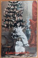 Edwardian Christmas Greetings Postcard-Young Girl-Doll-Christmas Tree