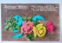 Birthday Wishes-Red, Pink, Yellow Roses-Early 1900s Postcard