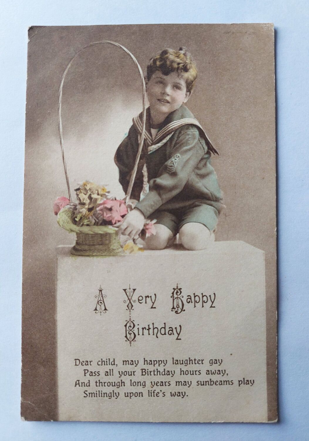 Early 1900s Colour Tinted Childs Birthday Greetings Postcard-Boy In Sailor 