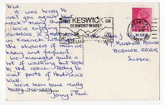 1970s Postal Slogan -Visit Keswick On Derwentwater For Lakeland Holidays-Postal History Interest Postcard