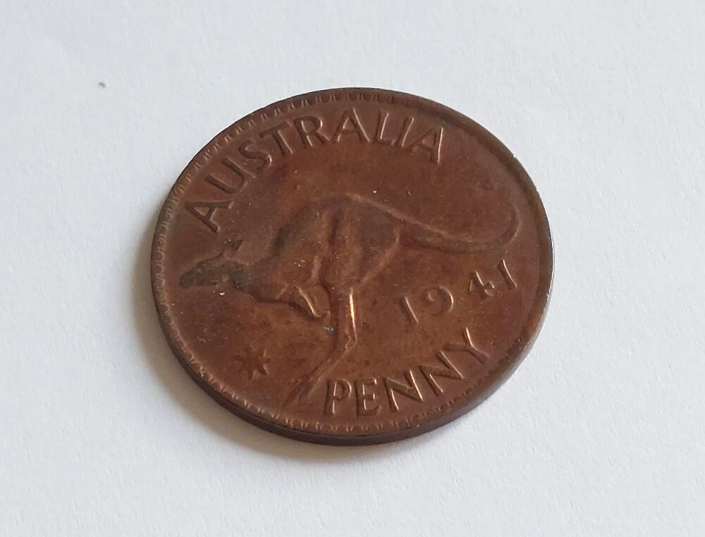 1941 WWII Australia 1d Penny Kangaroo Coin-King George VI