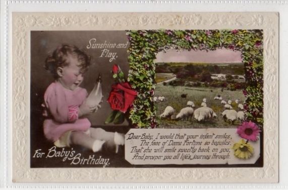 Babys Birthday Greetings - 1930s Embossed Colour Photo  Postcard- Miss CULLINGFORD