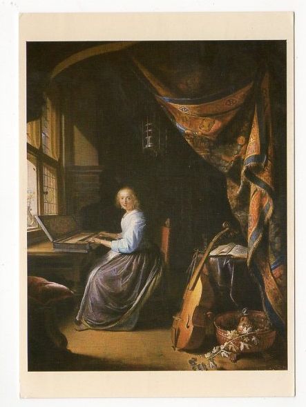 Art Postcard - Gerrit (Gerard) Dou (1613-75) Painting - A Lady Playing A Clavichord