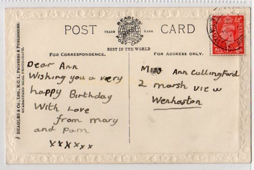 Loving Greetings For Your Birthday On Thursday | Sent To A  CULLINGFORD Wenhaston, Suffolk, 1940s