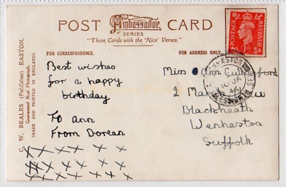 With Love And Kisses For Your Birthday | Sent To A  CULLINGFORD-Wenhaston, Suffolk, 1947