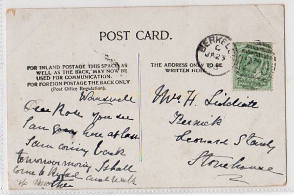 Berkeley Button Stamp With 270 Duplex Postmark-1905 | Sent To Mrs H LIDDICOTE Leonard Stanley Gloucestershire-Postal History / Genealogy Postcard