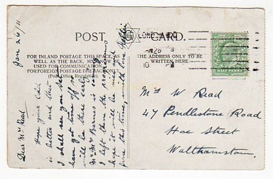 Mrs W READ, Pendlestone Road Hoe Street Walthamstow. January 1911
