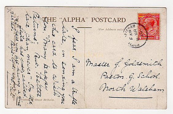 Master J GOLDSMITH, Paston G School, North Walsham Norfolk- March 1920-Potter Heigham Handstamp Postmark
