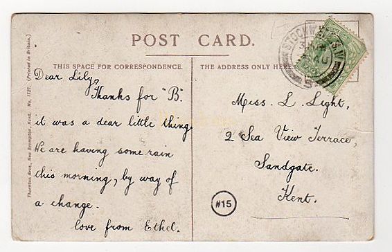 Miss Lily LIGHT Sea View Terrace, Sandgate, Kent-August 1903-Stockwell S W Postmark