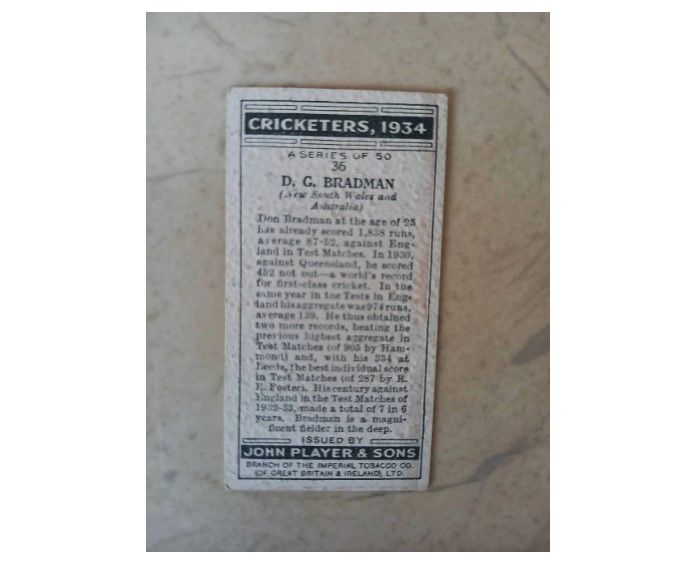 John Player Cigarette Card-Don Bradman No 36-Australia-Cricketers-1934