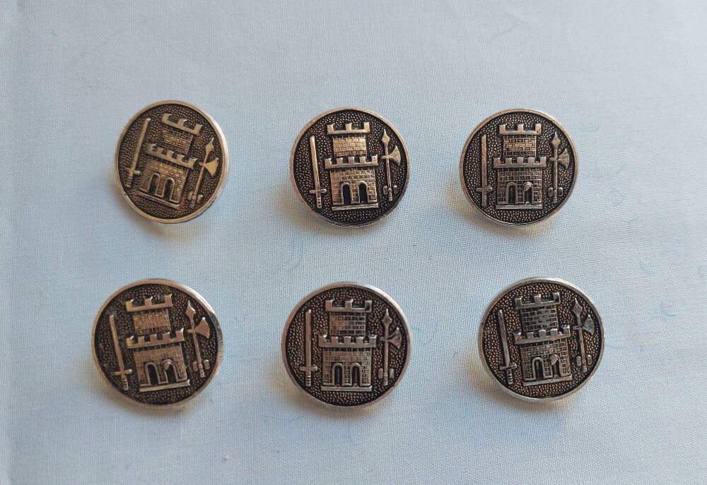 Silvered Metal Buttons - Castle, Sword and Axe Design-25mm Diameter-Set of 6