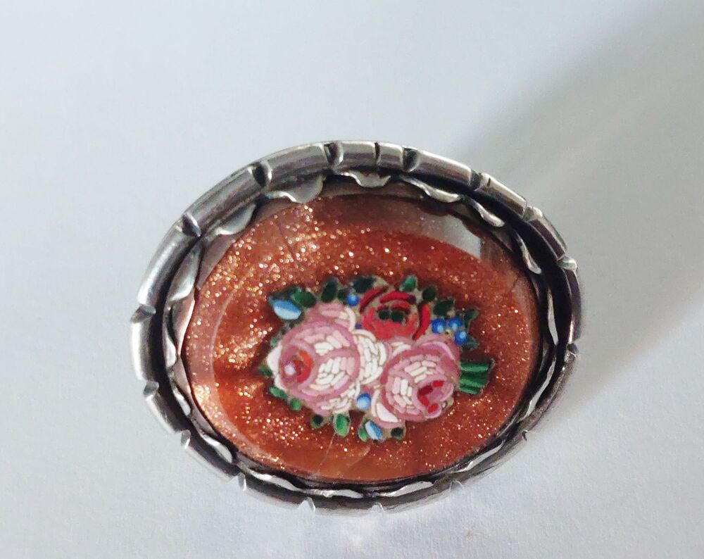 Antique Micromosaic Goldstone Aventurine Scarf Ring