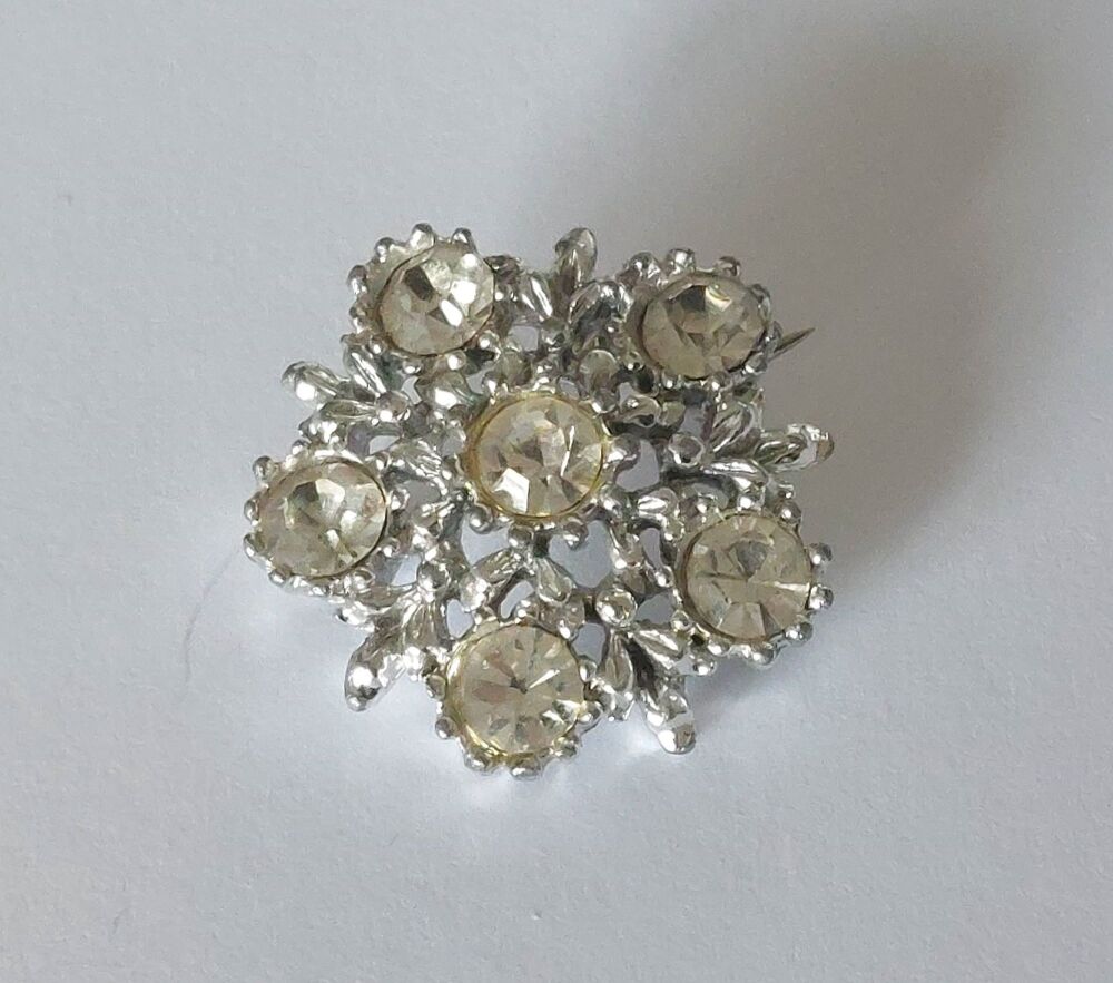 Snowflake Costume Pin Brooch - Silvertone Metal and White Diamantes