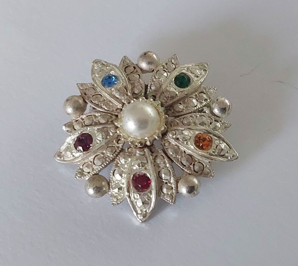 Costume Pin Brooch-Silvertone Metal With Faux Pearl and Multicoloured Rhinestones-Circa Mid Century Vintage