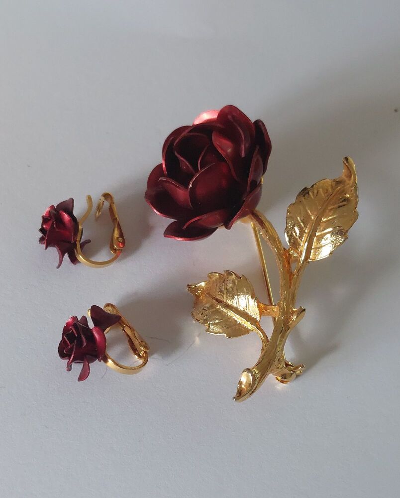 Flower Brooch, Matching Earrings - Red Rose Signed Exquisite -1950s, 1960s 