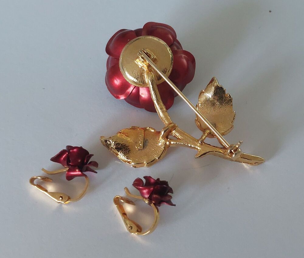 Flower Brooch, Matching Earrings - Red Rose Signed Exquisite -1950s, 1960s Vintage