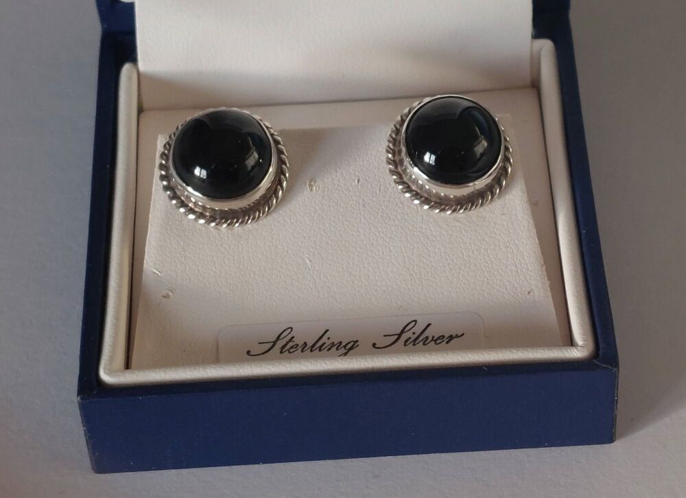 Paul Kennedy Earrings-Sterling Silver Studs With Onyx Cabochons - For Pierced Ears