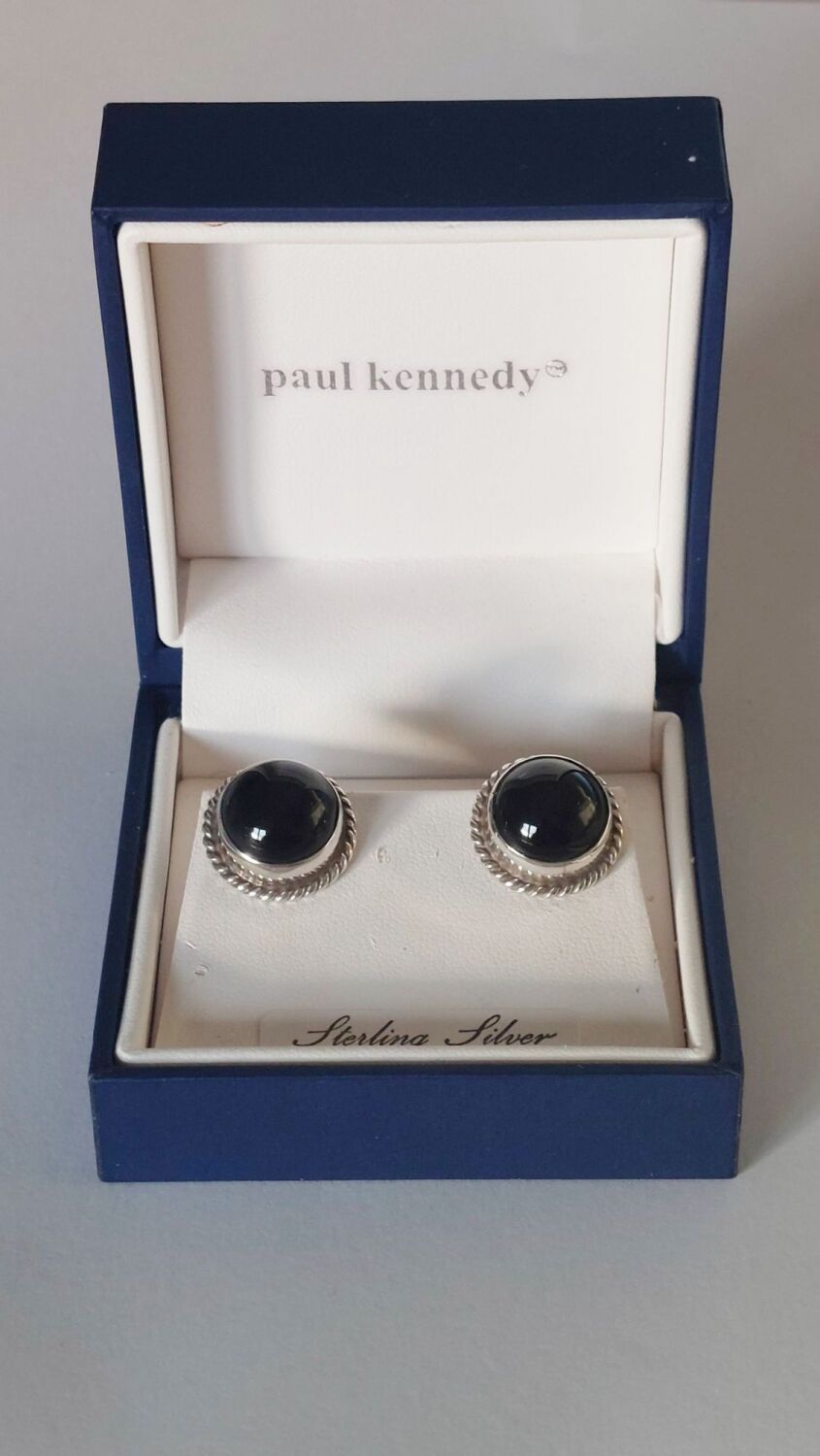 Paul Kennedy Earrings-Sterling Silver Studs With Onyx Cabochons - For Pierc
