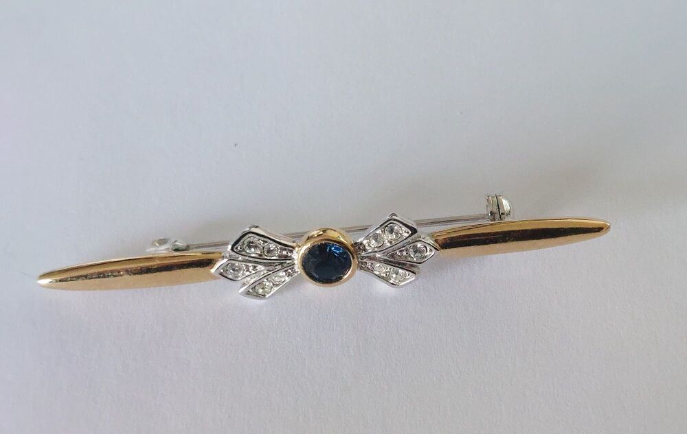 Costume Bar Pin Brooch- Gilt Metal With Blue and White Stones