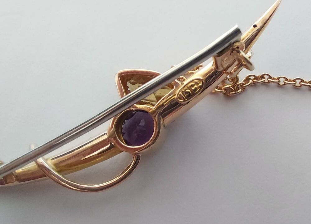 Antique Scottish Thistle Brooch-  15ct Gold, Citrine and Amethyst