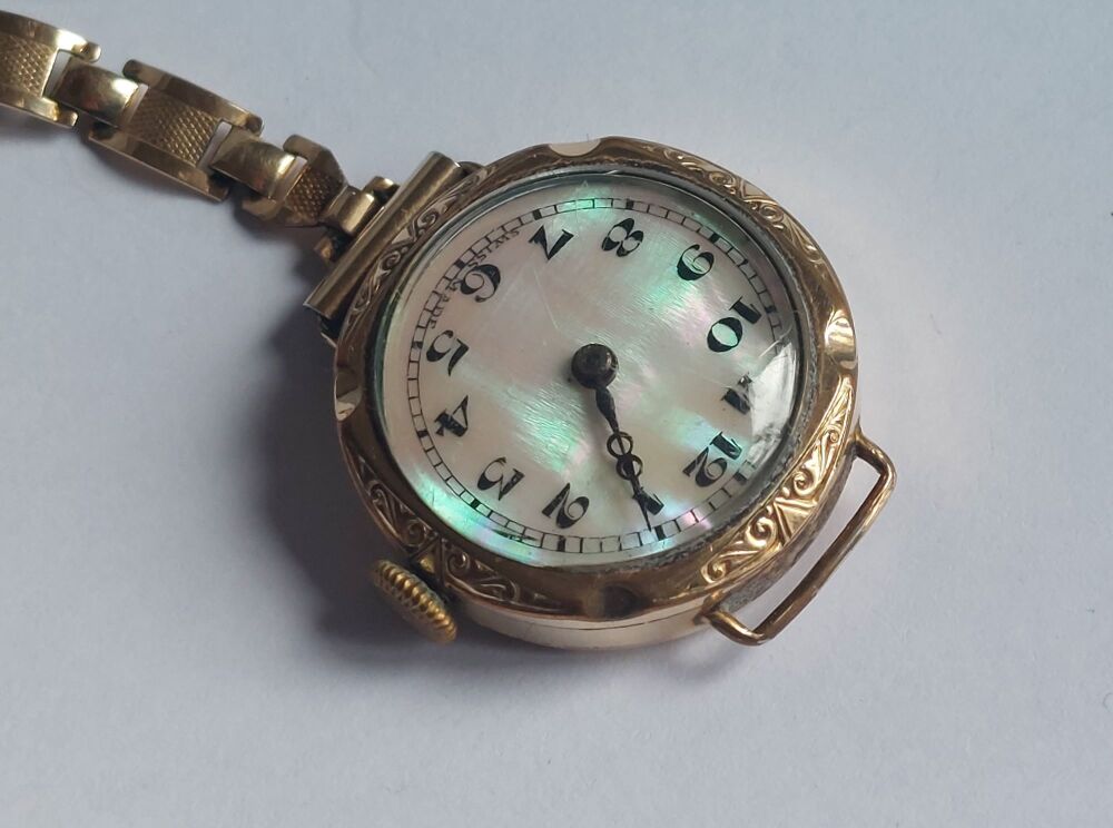 Antique Ladies Bracelet Wristwatch - Yellow Metal Plated Case, MOP Dial
