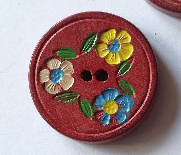 Handpainted Wooden Button - Red With Coloured Enamels - 22mm Diameter - Circa 1930s / 1940s (ONLY 3 AVAILABLE)