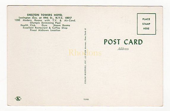 Shelton Towers Hotel, Lexington Ave NYC, USA - 1960s Advertising Postcard