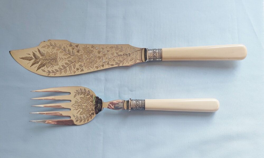 Antique Fish Servers - Knife and Fork - Silverplated, Silver Collared Ivori
