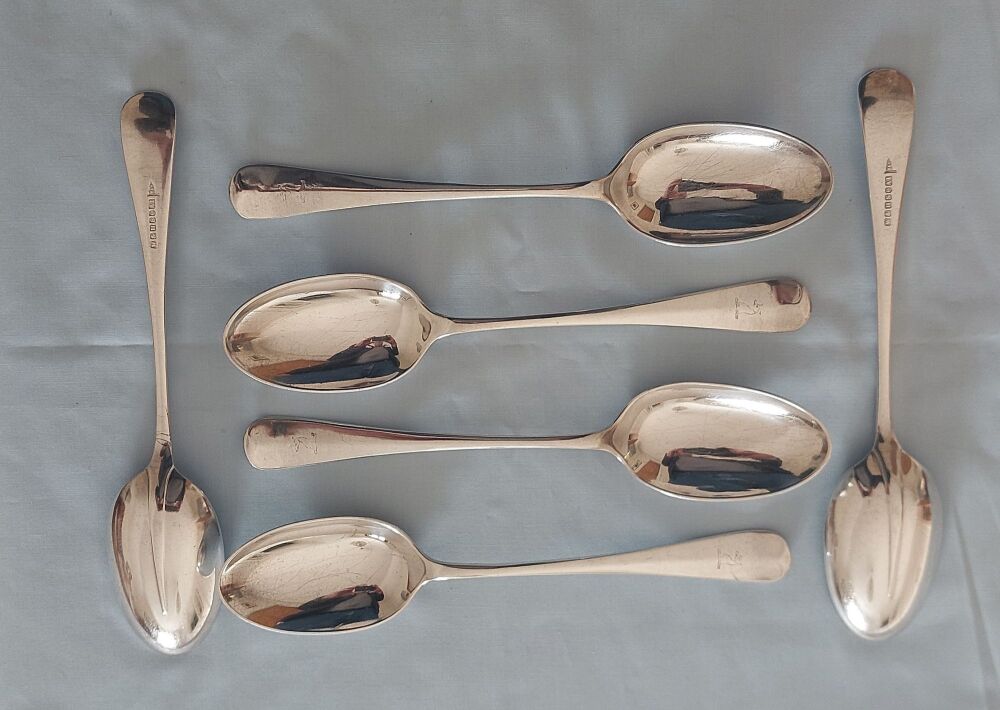Dinner Spoons x6 (21 cms) - Rat Tail Pattern With Armorial Crest - Walker & Hall - A1 Silver Plate