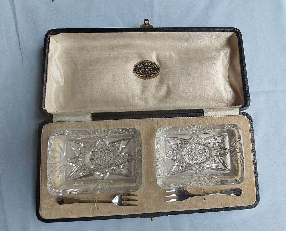 Hors d'Oeuvres Dishes and Forks-Cased Set-Cut Glass-Sterling Silver-1920s Vintage