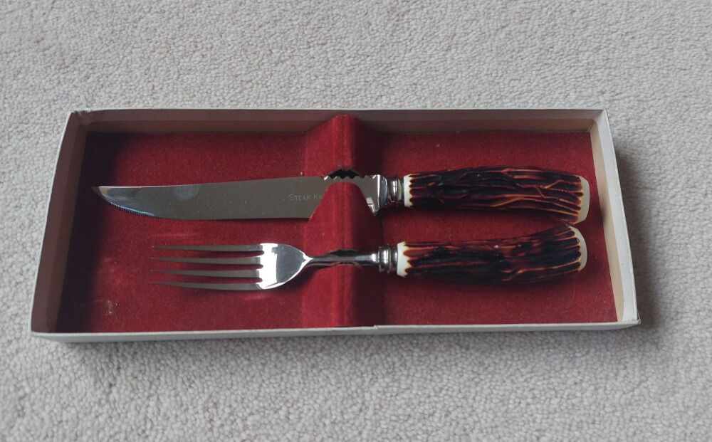 Steak Knife and Fork Set - Zenith Stainless Steel With Faux Stag Antler Han
